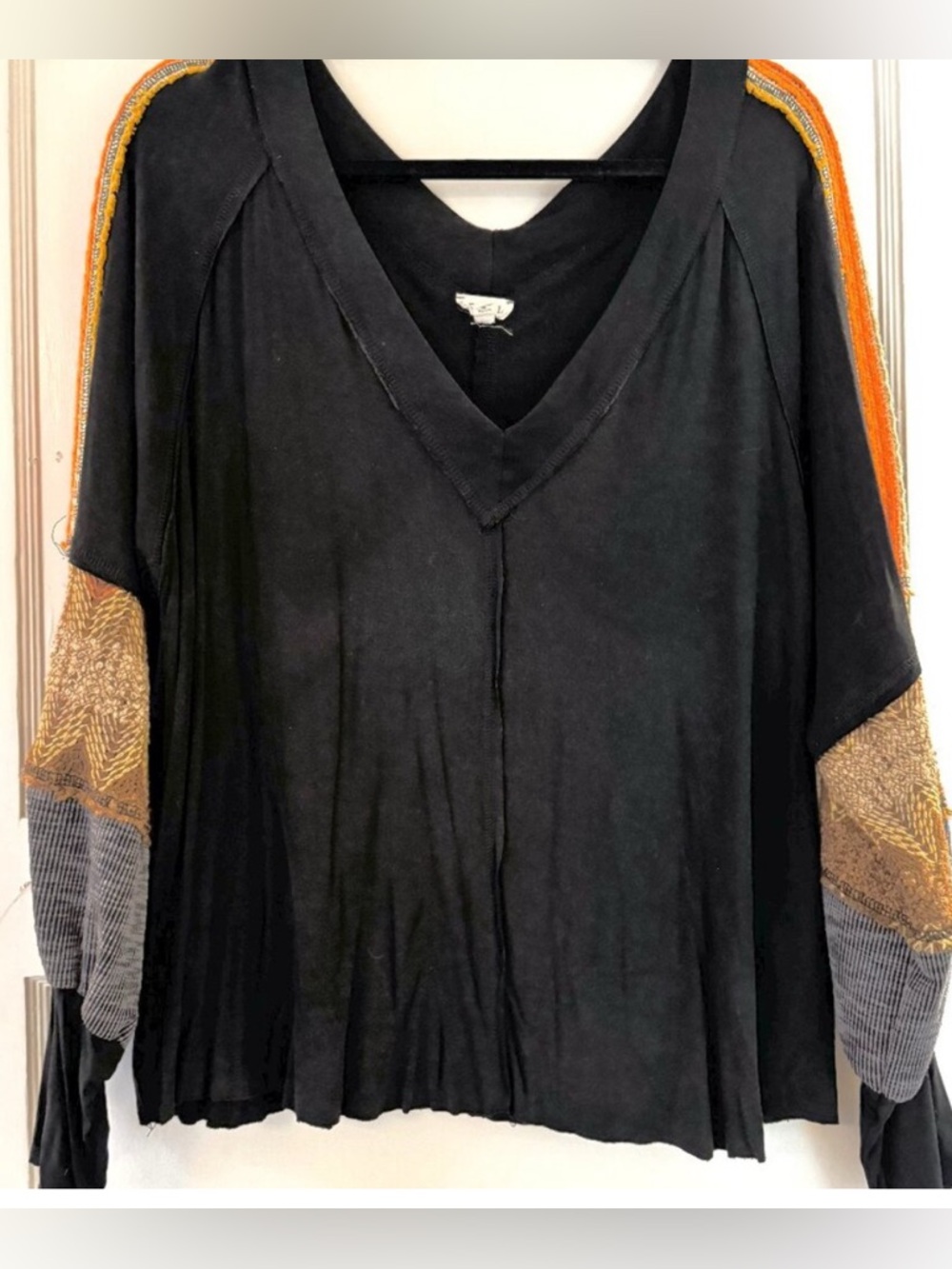 Polo Black V-Neck Top with Orange & Brown Sleeve Accents